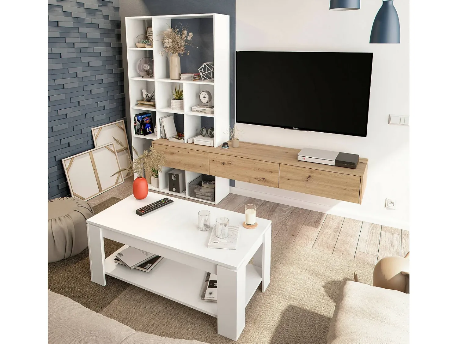 Móvel De Tv|Dmora Móvel de parede Wausau, Conjunto de sala com 3 gavetas, Estante multiuso para sala, 226x28h173 cm, e Carvalho Nó Branco