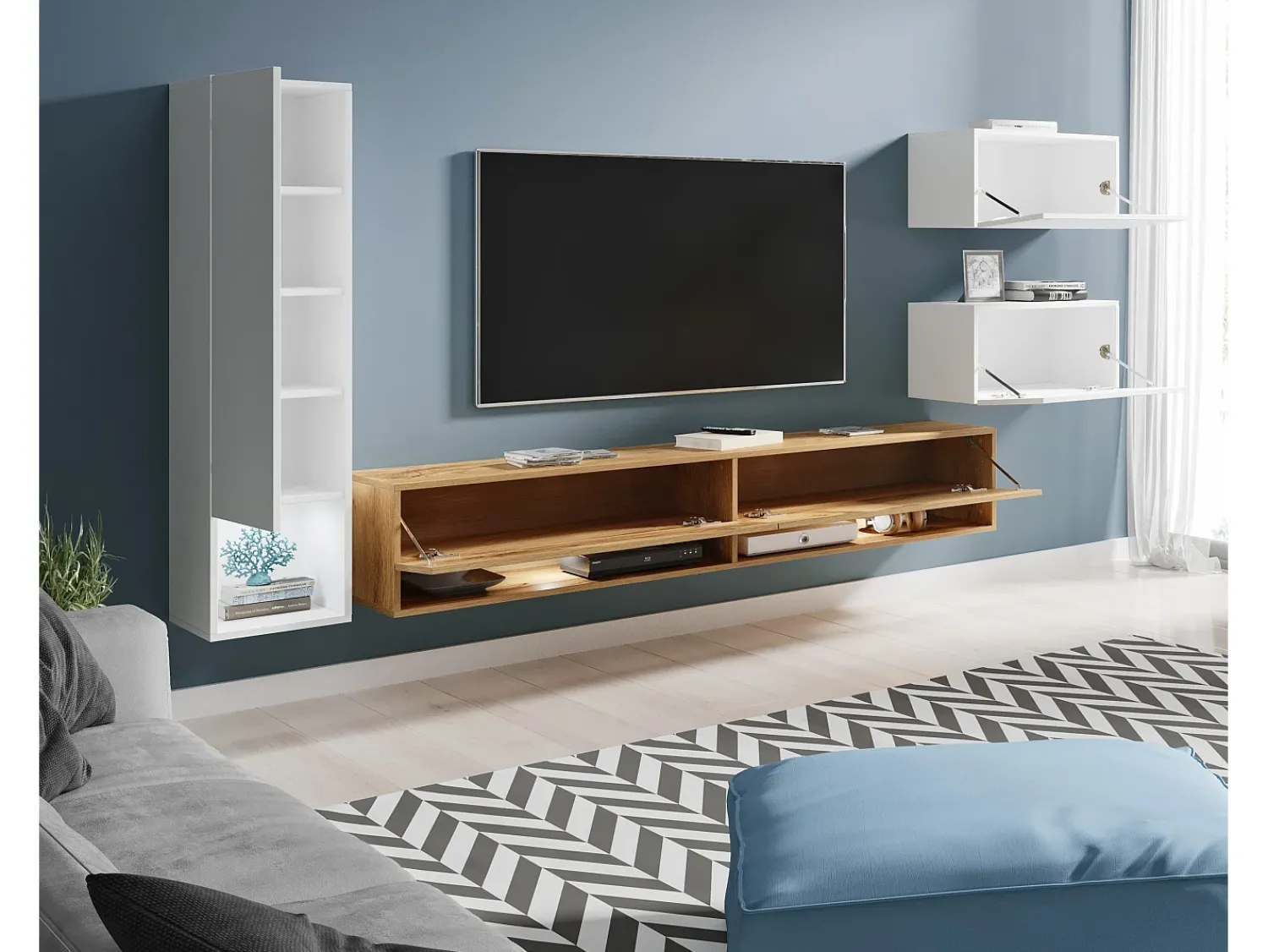 Móvel De Tv| Móvel de sala 4 peças – conjunto suspenso TV 180 cm, coluna, 2 armários, branco brilho + carvalho wotan Natural escuro