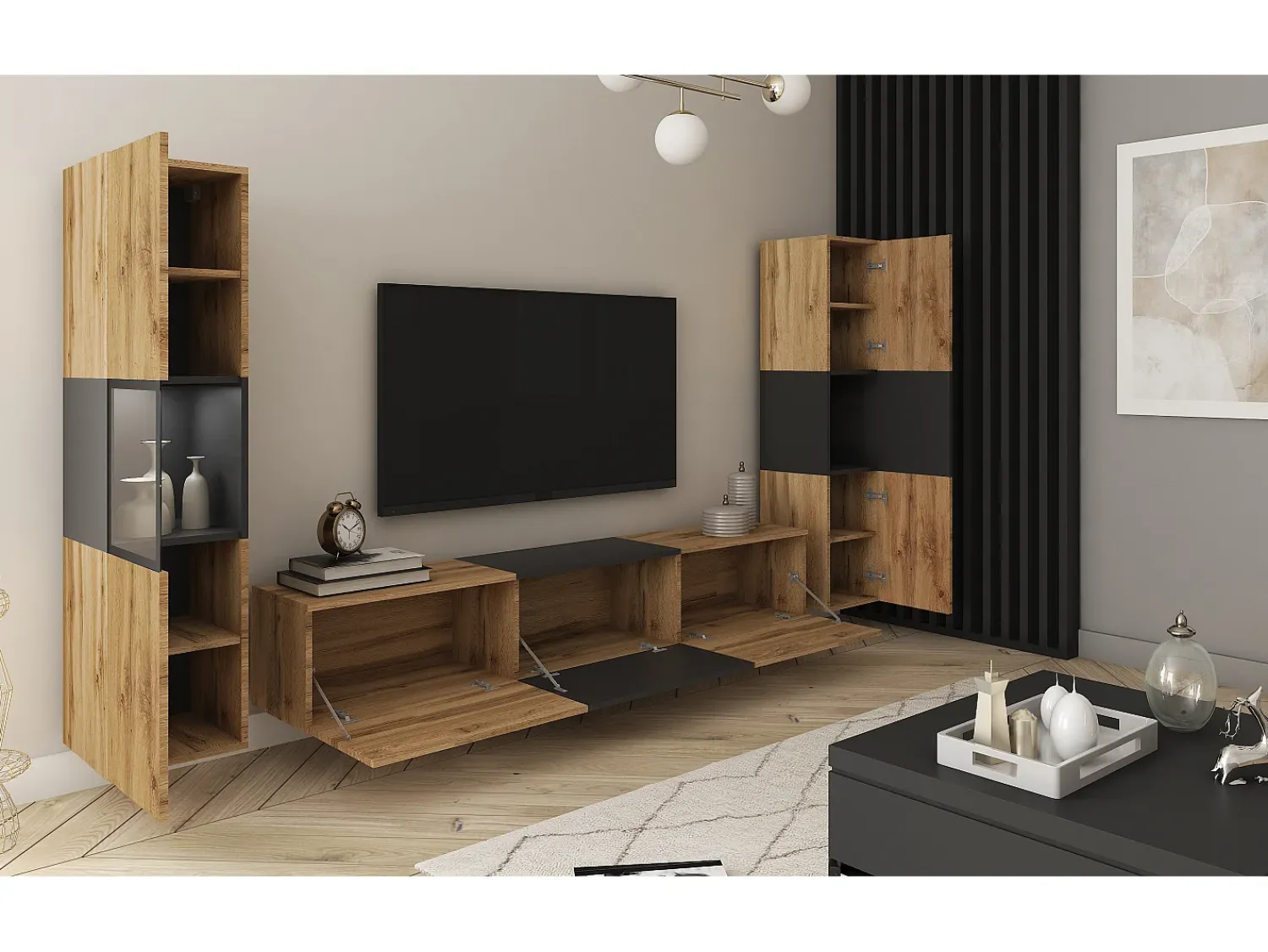 Móvel de sala com iluminação LED, conjunto suspenso e de chão com móvel TV 180 cm, vitrine e coluna, corpo carvalho wotan, inserto preto mate^ Móvel De Tv