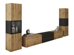 Móvel de sala com iluminação LED, conjunto suspenso e de chão com móvel TV 180 cm, vitrine e coluna, corpo carvalho wotan, inserto preto mate^ Móvel De Tv