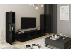 Móvel de sala com iluminação LED, conjunto suspenso e de chão com móvel TV 180 cm, vitrine e coluna, corpo mate^ Móvel De Tv