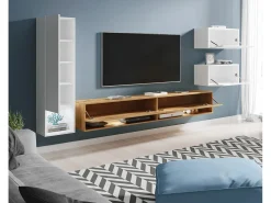 Online Móvel de sala LED 4 peças – conjunto suspenso TV 180 cm, coluna, 2 módulos, branco brilho e carvalho Wotan Natural escuro