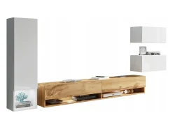 Online Móvel de sala LED 4 peças – conjunto suspenso TV 180 cm, coluna, 2 módulos, branco brilho e carvalho Wotan Natural escuro