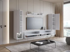Móvel De Tv* Móvel de sala moderno – conjunto suspenso com 2 colunas + móvel de TV 180 cm + prateleira, corpo mate, frentes brilho Branco