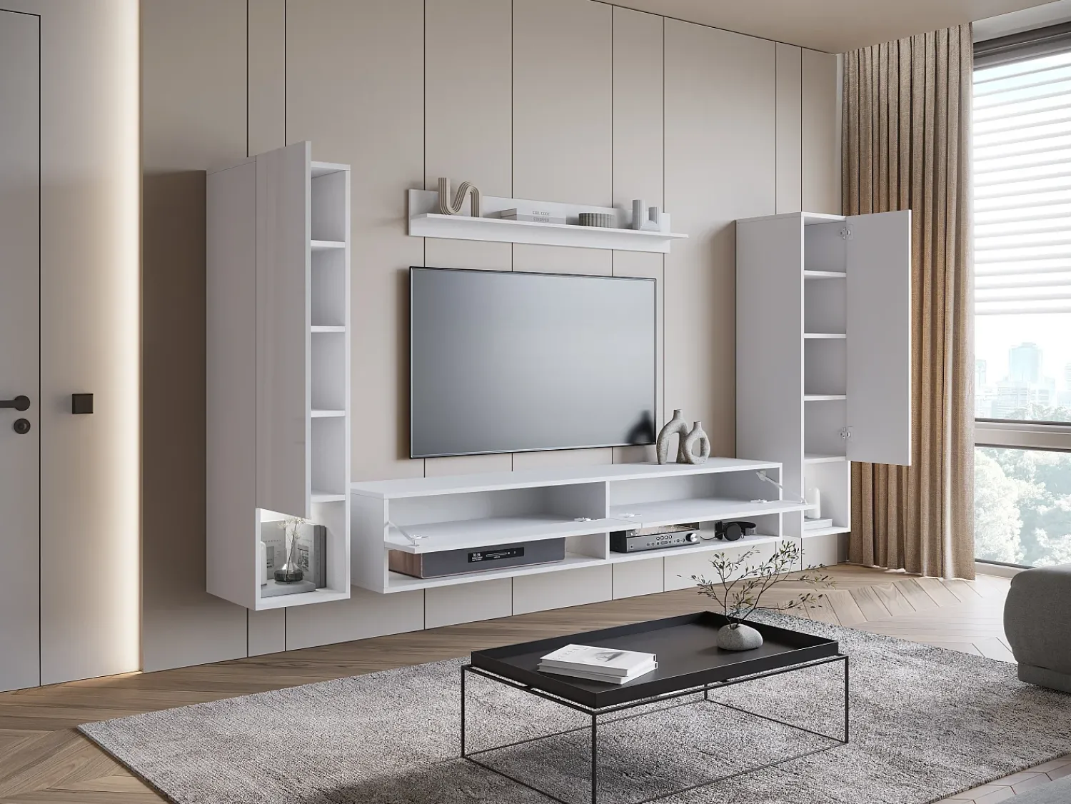 Móvel De Tv* Móvel de sala moderno – conjunto suspenso com 2 colunas + móvel de TV 180 cm + prateleira, corpo mate, frentes brilho Branco