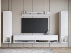 Móvel De Tv* Móvel de sala moderno – conjunto suspenso com 2 colunas + móvel de TV 180 cm + prateleira, corpo mate, frentes brilho Branco
