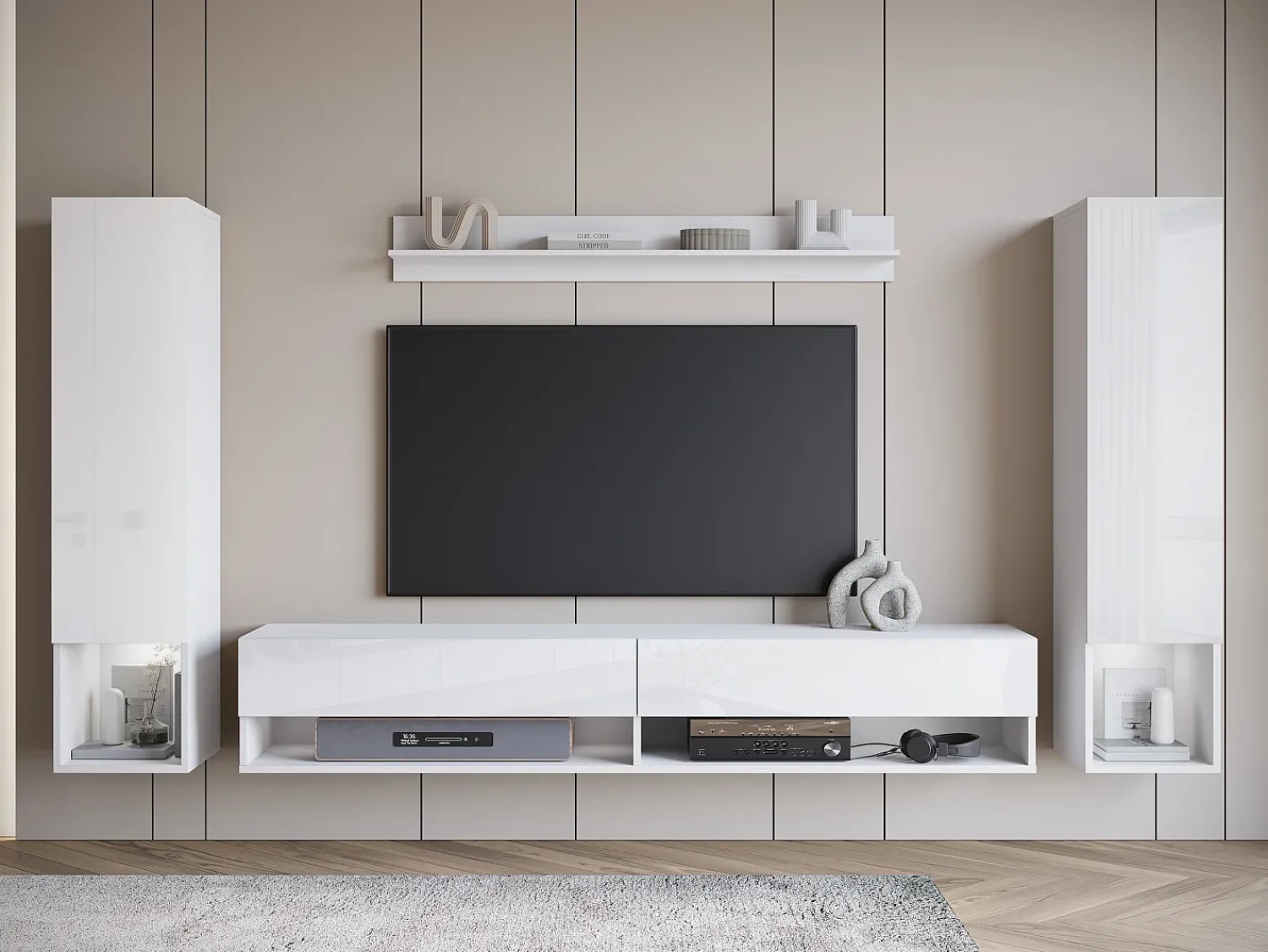 Móvel De Tv* Móvel de sala moderno – conjunto suspenso com 2 colunas + móvel de TV 180 cm + prateleira, corpo mate, frentes brilho Branco