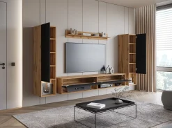 Clearance Móvel de sala moderno – conjunto suspenso com 2 colunas + móvel de TV 180 cm + prateleira, corpo carvalho wotan mate, frentes preto brilho Natural escuro