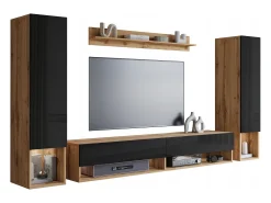 Clearance Móvel de sala moderno – conjunto suspenso com 2 colunas + móvel de TV 180 cm + prateleira, corpo carvalho wotan mate, frentes preto brilho Natural escuro