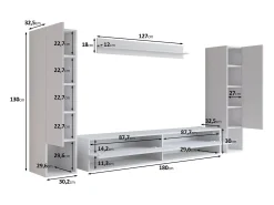 Clearance Móvel de sala moderno – conjunto suspenso com 2 colunas + móvel de TV 180 cm + prateleira, corpo carvalho wotan mate, frentes preto brilho Natural escuro