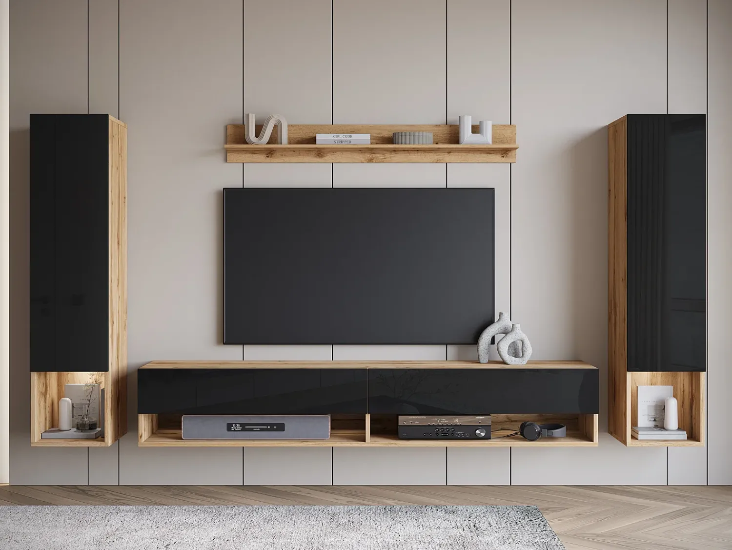 Clearance Móvel de sala moderno – conjunto suspenso com 2 colunas + móvel de TV 180 cm + prateleira, corpo carvalho wotan mate, frentes preto brilho Natural escuro
