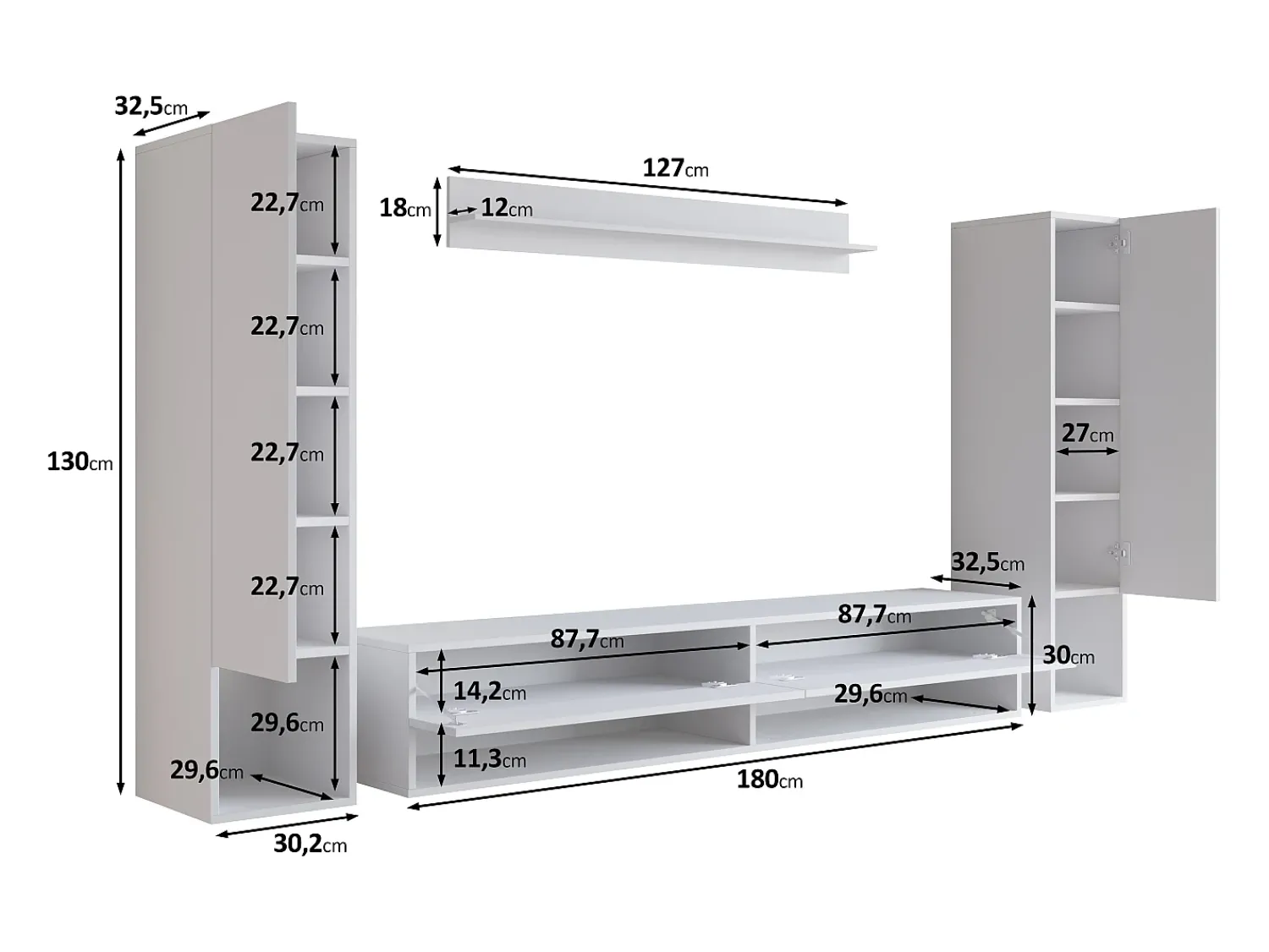 Clearance Móvel de sala moderno – conjunto suspenso com 2 colunas + móvel de TV 180 cm + prateleira, carvalho wotan mate Natural escuro