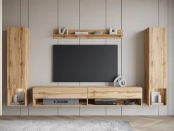 Clearance Móvel de sala moderno – conjunto suspenso com 2 colunas + móvel de TV 180 cm + prateleira, carvalho wotan mate Natural escuro