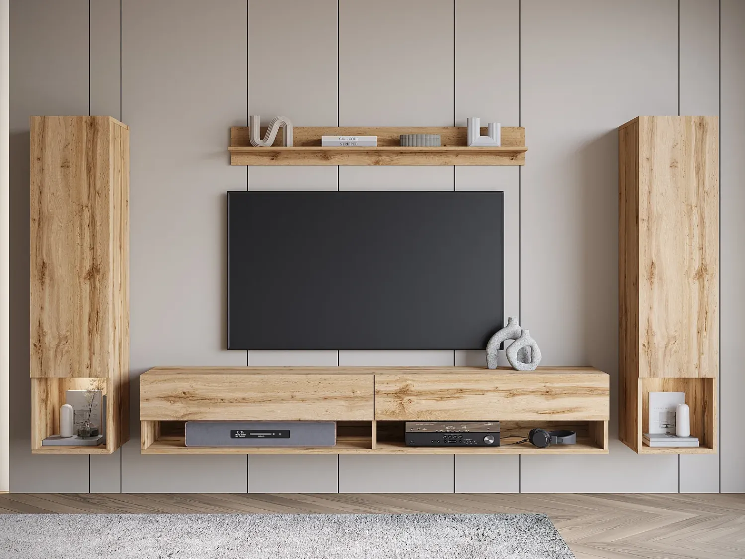 Clearance Móvel de sala moderno – conjunto suspenso com 2 colunas + móvel de TV 180 cm + prateleira, carvalho wotan mate Natural escuro