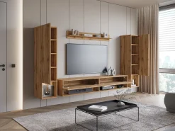 Clearance Móvel de sala moderno – conjunto suspenso com 2 colunas + móvel de TV 180 cm + prateleira, carvalho wotan mate Natural escuro
