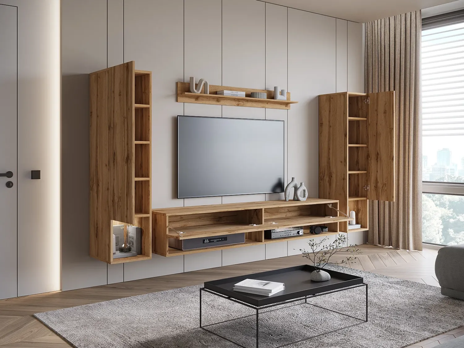 Clearance Móvel de sala moderno – conjunto suspenso com 2 colunas + móvel de TV 180 cm + prateleira, carvalho wotan mate Natural escuro