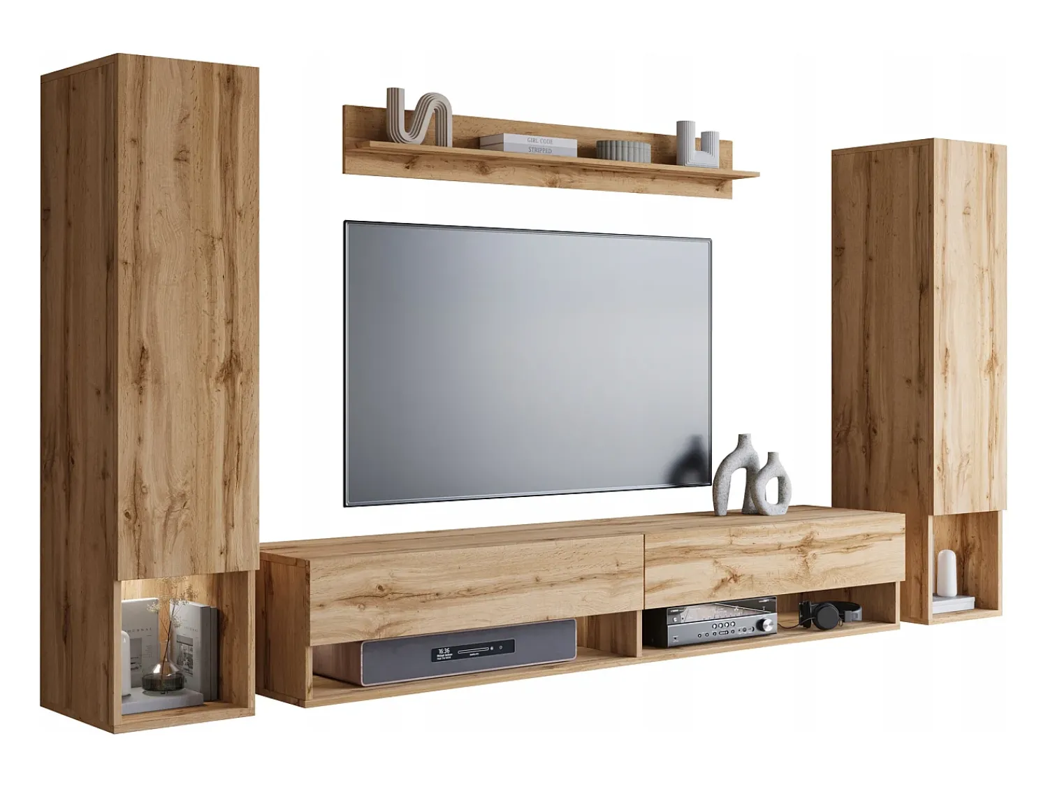 Clearance Móvel de sala moderno – conjunto suspenso com 2 colunas + móvel de TV 180 cm + prateleira, carvalho wotan mate Natural escuro