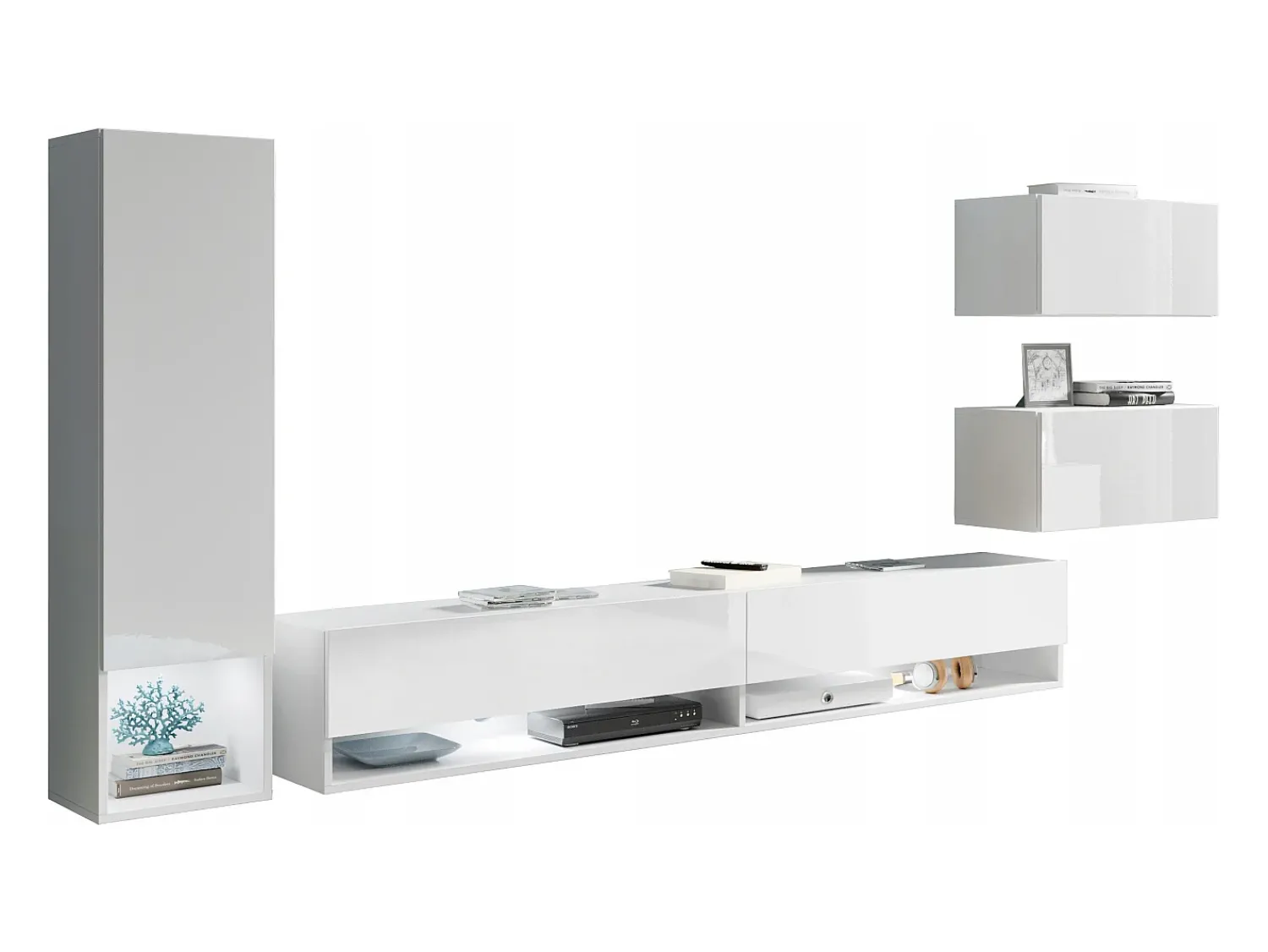 Online Móvel de sala moderno 4 peças – conjunto TV suspenso 180 cm, coluna e 2 armários, corpo , frentes brilho Branco