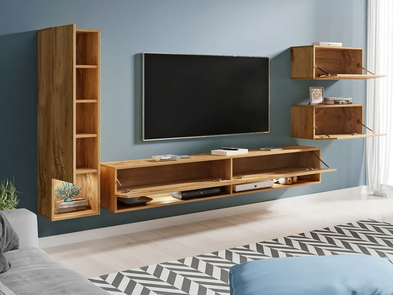 Móvel De Tv| Móvel de sala moderno 4 peças – conjunto TV suspenso 180 cm com coluna e armários, carvalho wotan mate Natural escuro
