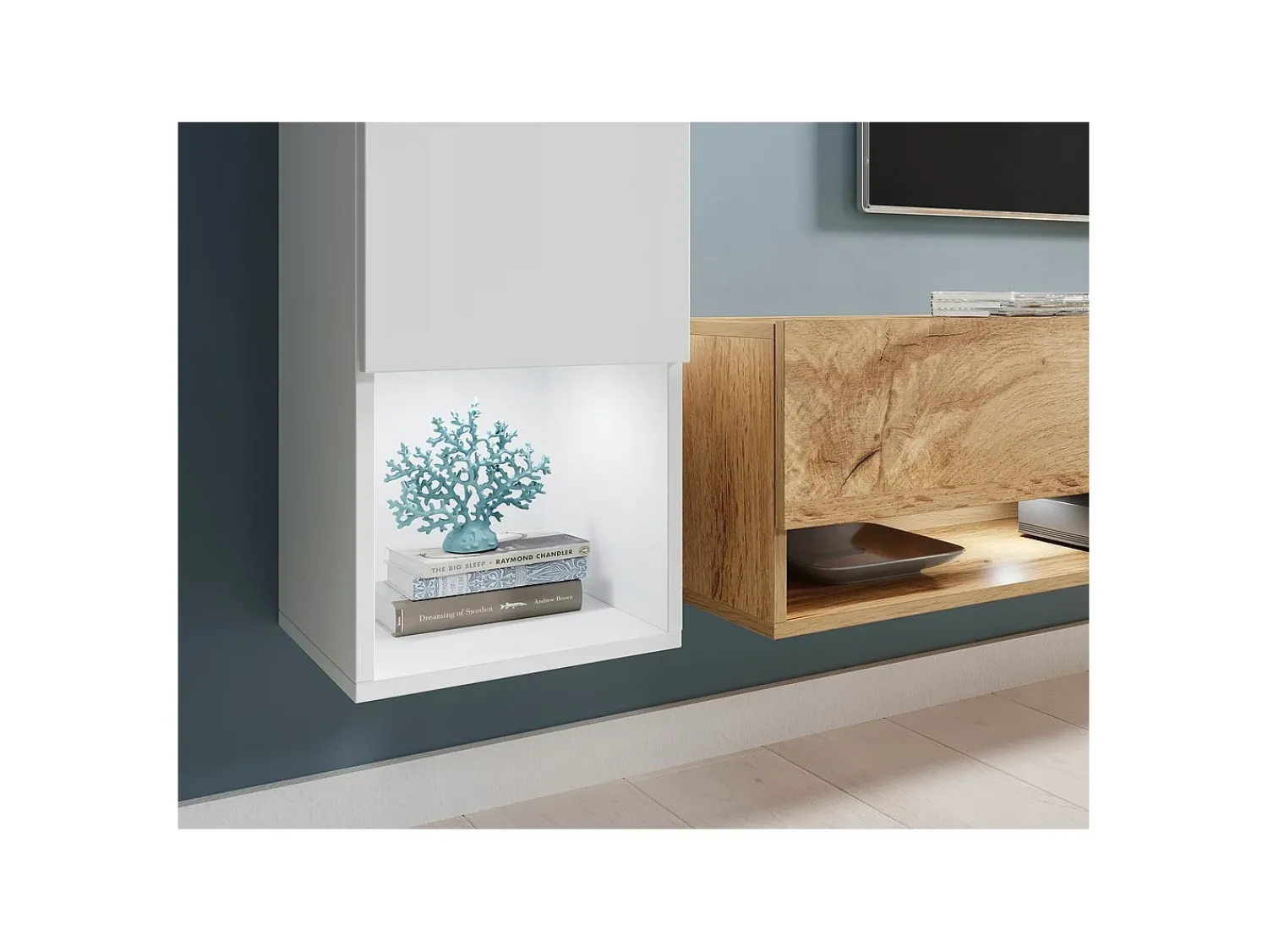 Móvel De Tv| Móvel de sala moderno 4 peças – conjunto TV suspenso 180 cm com coluna e armários, carvalho wotan mate Natural escuro