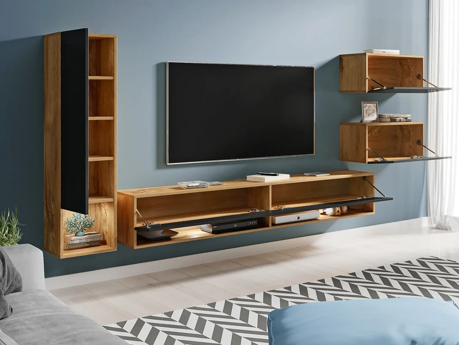 Móvel De Tv| Móvel de sala moderno 4 peças – conjunto TV suspenso 180 cm, coluna e 2 armários, corpo wotan, frentes preto brilho Natural escuro