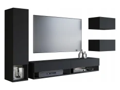 Móvel De Tv| Móvel de sala moderno 4 peças com LED – conjunto suspenso TV 180 cm, com coluna e módulos, mate Preto