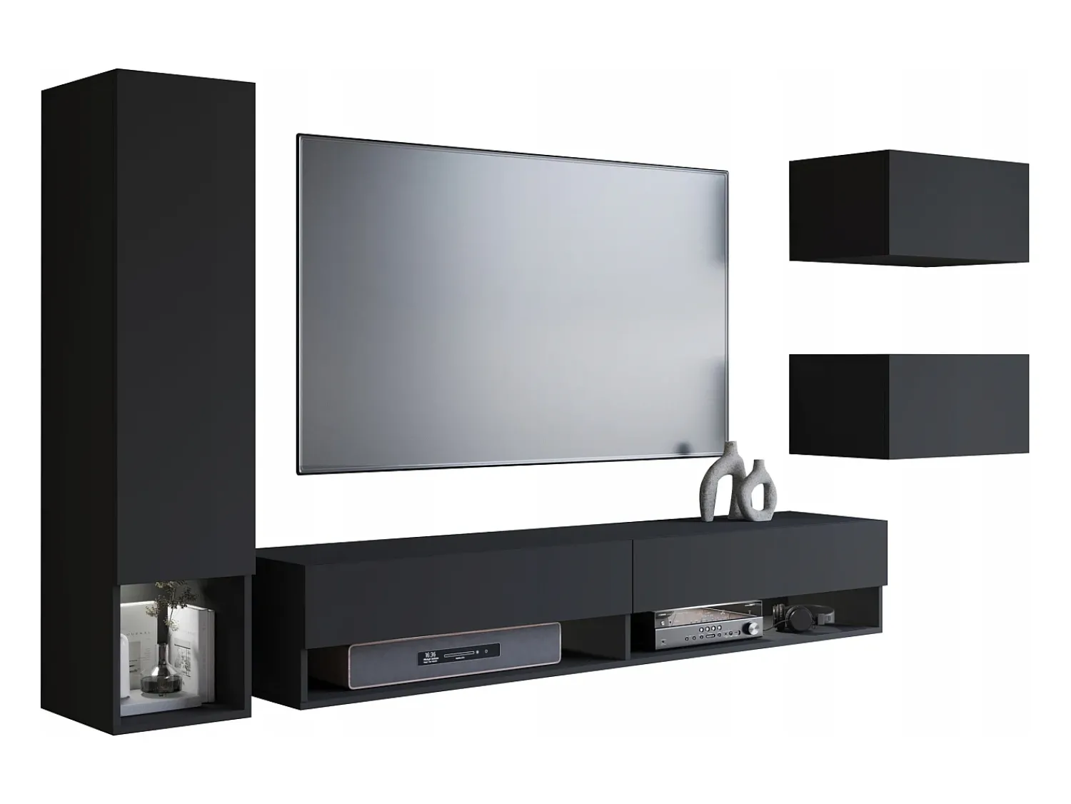 Móvel De Tv| Móvel de sala moderno 4 peças com LED – conjunto suspenso TV 180 cm, com coluna e módulos, mate Preto