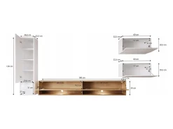 Móvel De Tv| Móvel de sala moderno 4 peças com LED – conjunto suspenso TV 180 cm, com coluna e módulos, mate Preto
