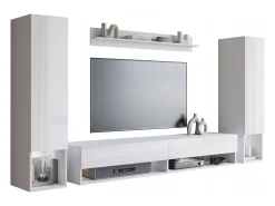 Móvel De Tv* Móvel de sala moderno com LED – conjunto suspenso para sala 2 colunas + móvel de TV 180 cm + prateleira, corpo mate, frentes brilho Branco