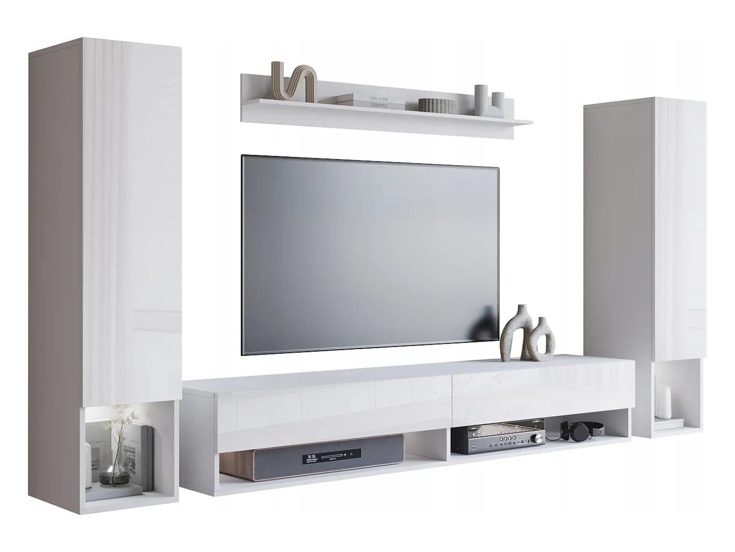 Móvel De Tv* Móvel de sala moderno com LED – conjunto suspenso para sala 2 colunas + móvel de TV 180 cm + prateleira, corpo mate, frentes brilho Branco