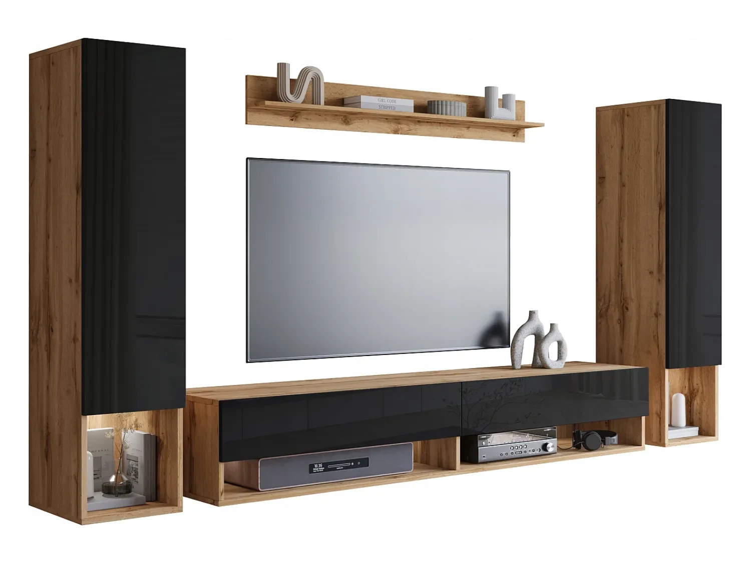 Móvel De Tv* Móvel de sala moderno com LED – conjunto suspenso para sala 2 colunas + móvel de TV 180 cm + prateleira, corpo carvalho wotan, frentes preto brilho Natural escuro