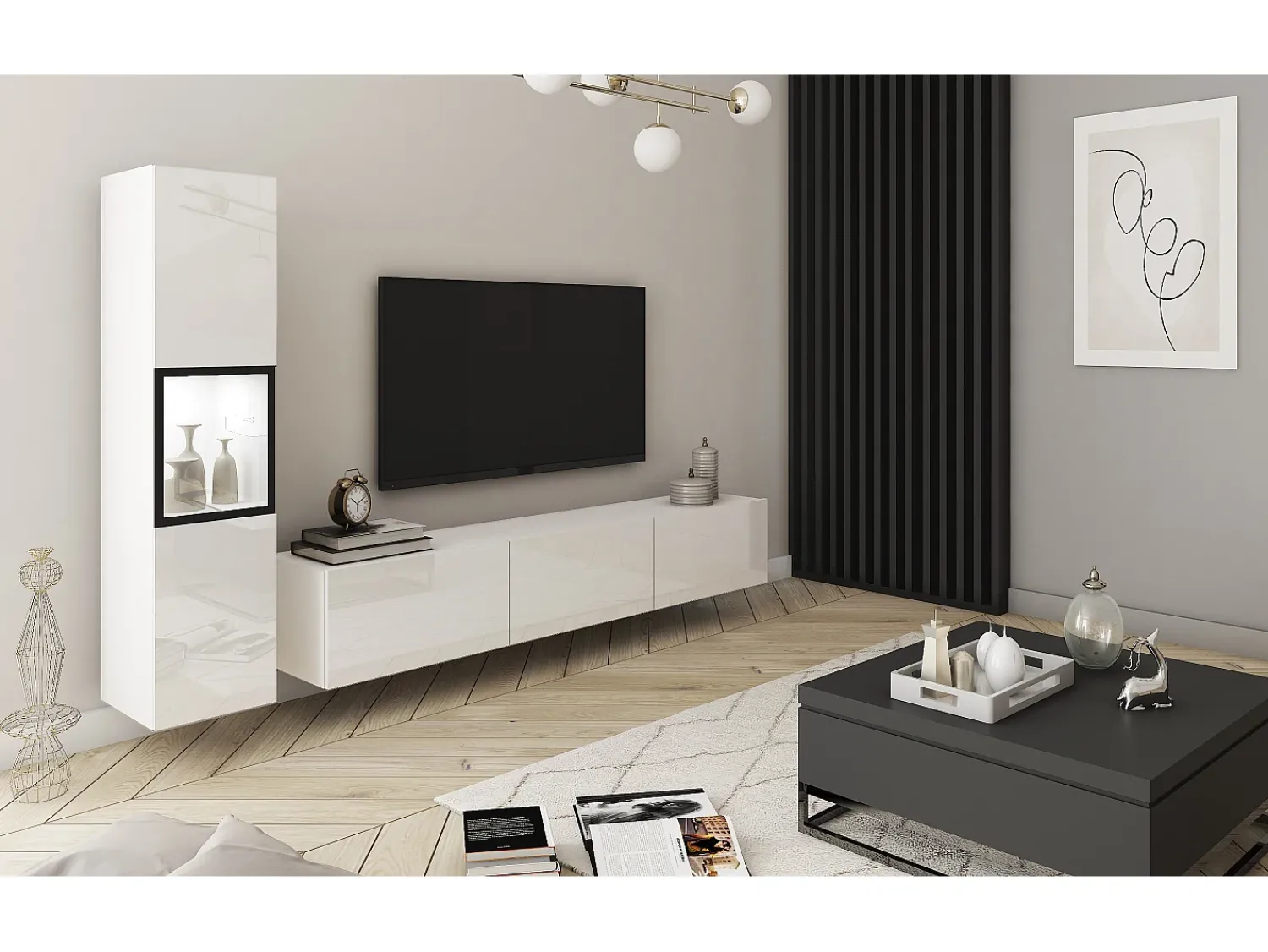 Hot Móvel de sala moderno com iluminação, conjunto suspenso e de chão de 2 elementos com móvel de TV de 180 cm e vitrina, corpo mate, frentes brilho Branco