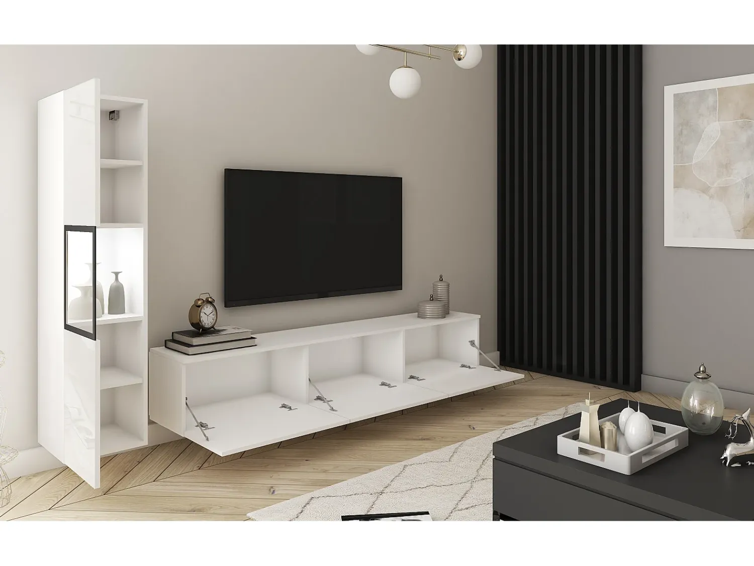 Hot Móvel de sala moderno com iluminação, conjunto suspenso e de chão de 2 elementos com móvel de TV de 180 cm e vitrina, corpo mate, frentes brilho Branco