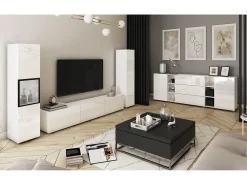 Móvel de sala moderno com iluminação LED, conjunto suspenso e de chão 3 elementos com móvel TV 180 cm, vitrine e coluna, corpo mate, frentes brilho^ Móvel De Tv