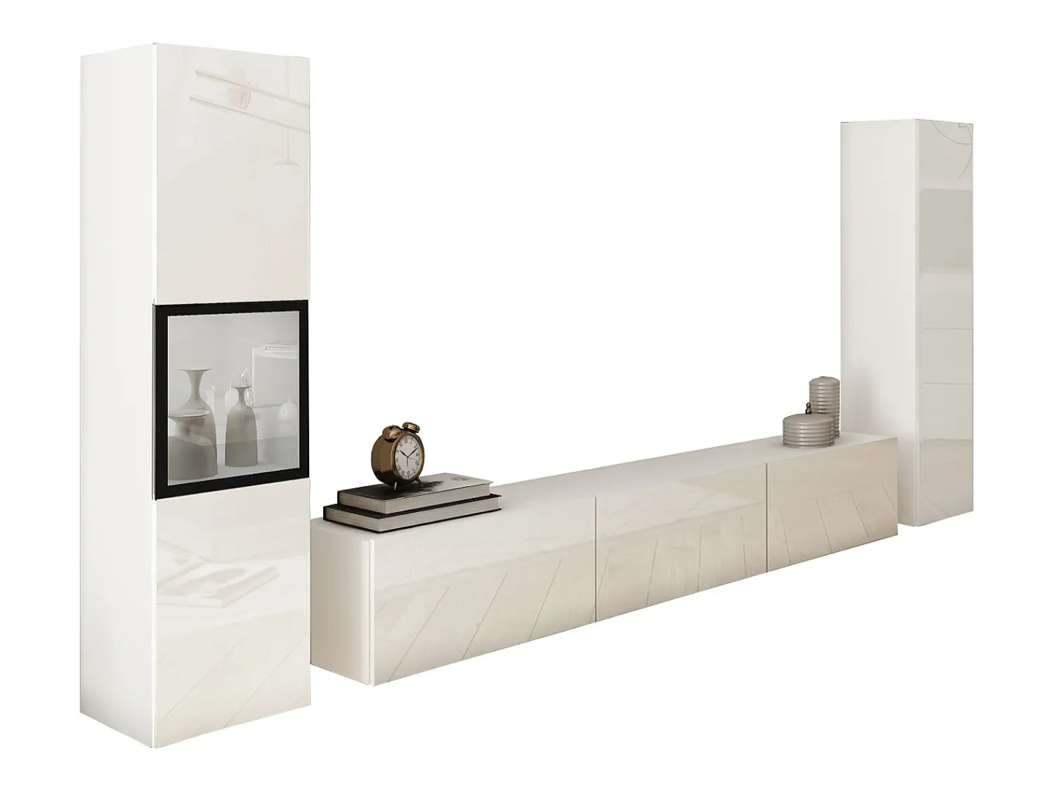 Móvel de sala moderno com iluminação LED, conjunto suspenso e de chão 3 elementos com móvel TV 180 cm, vitrine e coluna, corpo mate, frentes brilho^ Móvel De Tv