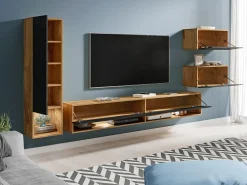 Clearance Móvel de sala moderno com LED 4 peças – conjunto suspenso TV 180 cm, coluna, 2 módulos, corpo carvalho Wotan, frentes preto brilho Natural escuro