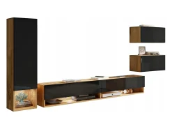 Clearance Móvel de sala moderno com LED 4 peças – conjunto suspenso TV 180 cm, coluna, 2 módulos, corpo carvalho Wotan, frentes preto brilho Natural escuro