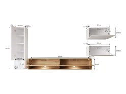 Clearance Móvel de sala moderno com LED 4 peças – conjunto suspenso TV 180 cm, coluna, 2 módulos, corpo carvalho Wotan, frentes preto brilho Natural escuro
