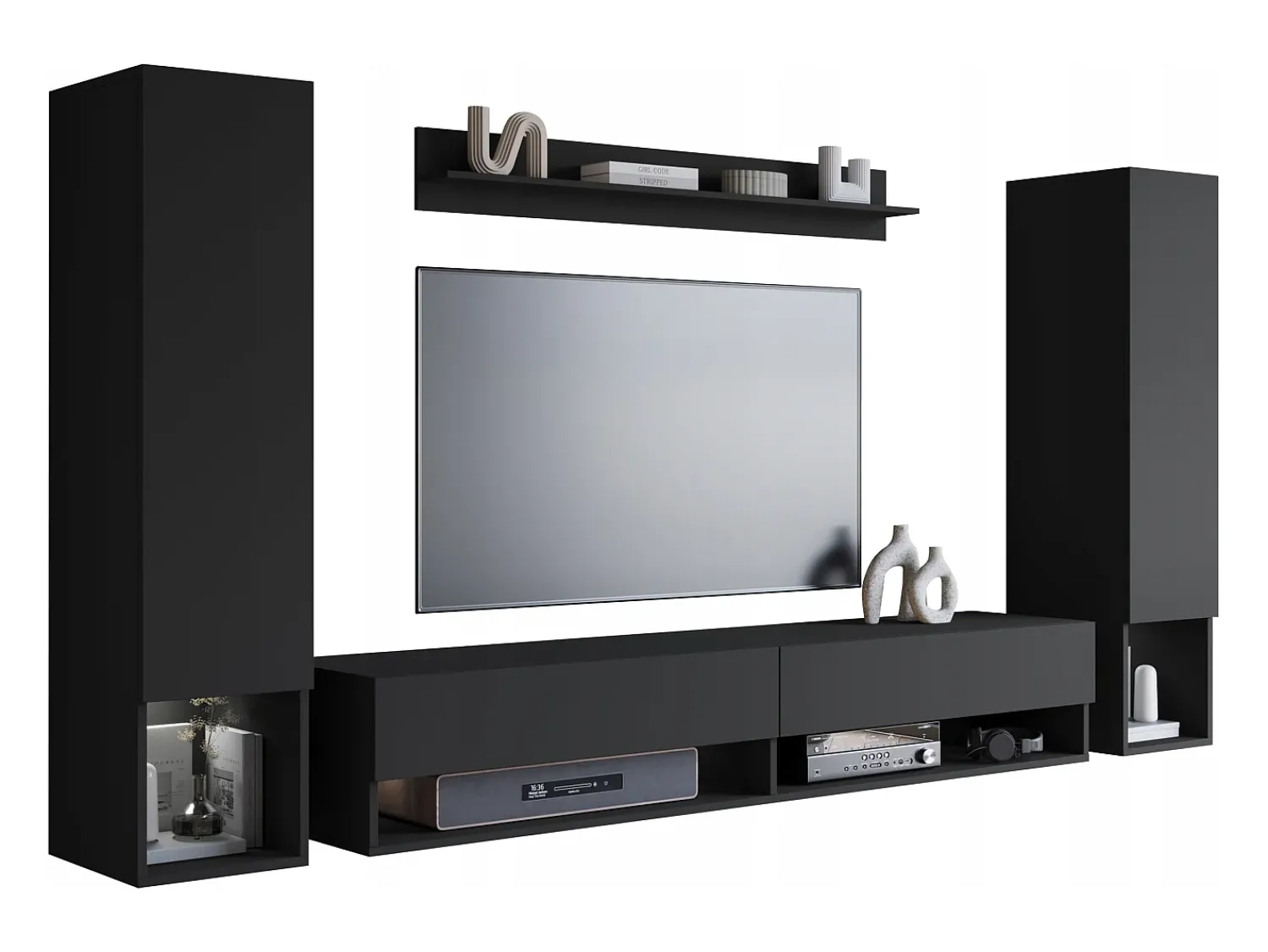 Móvel de sala moderno com LED – conjunto suspenso para sala 2 colunas + móvel de TV 180 cm + prateleira, mate^ Móvel De Tv