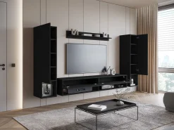 Móvel de sala moderno com LED – conjunto suspenso para sala 2 colunas + móvel de TV 180 cm + prateleira, mate^ Móvel De Tv