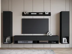 Móvel de sala moderno com LED – conjunto suspenso para sala 2 colunas + móvel de TV 180 cm + prateleira, mate^ Móvel De Tv