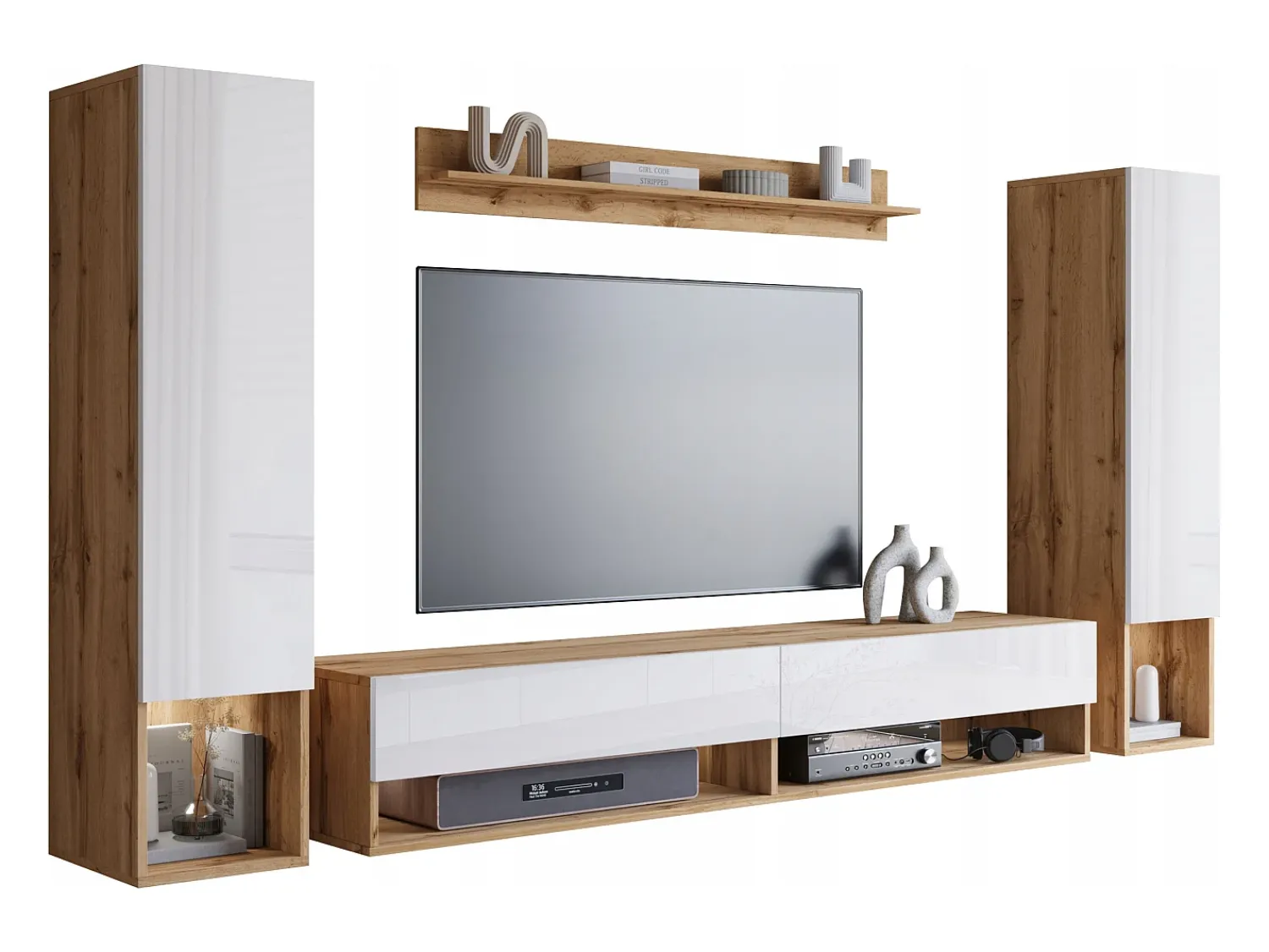 Móvel De Tv| Móvel de sala moderno com LED – conjunto suspenso para sala 2 colunas + móvel de TV 180 cm + prateleira, corpo carvalho wotan, frentes branco brilho Natural escuro