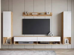 Móvel De Tv| Móvel de sala moderno com LED – conjunto suspenso para sala 2 colunas + móvel de TV 180 cm + prateleira, corpo carvalho wotan, frentes branco brilho Natural escuro