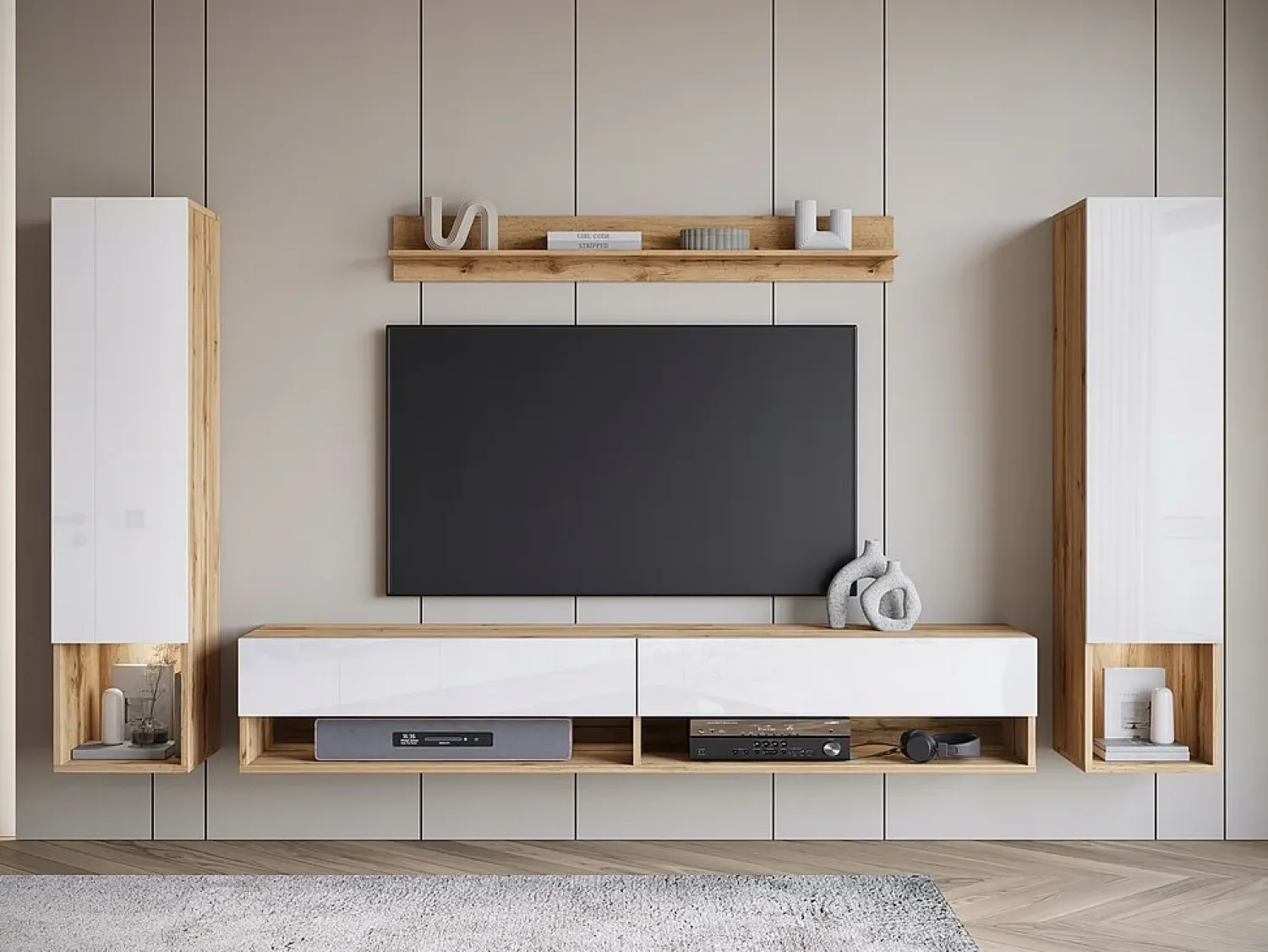 Móvel De Tv| Móvel de sala moderno com LED – conjunto suspenso para sala 2 colunas + móvel de TV 180 cm + prateleira, corpo carvalho wotan, frentes branco brilho Natural escuro