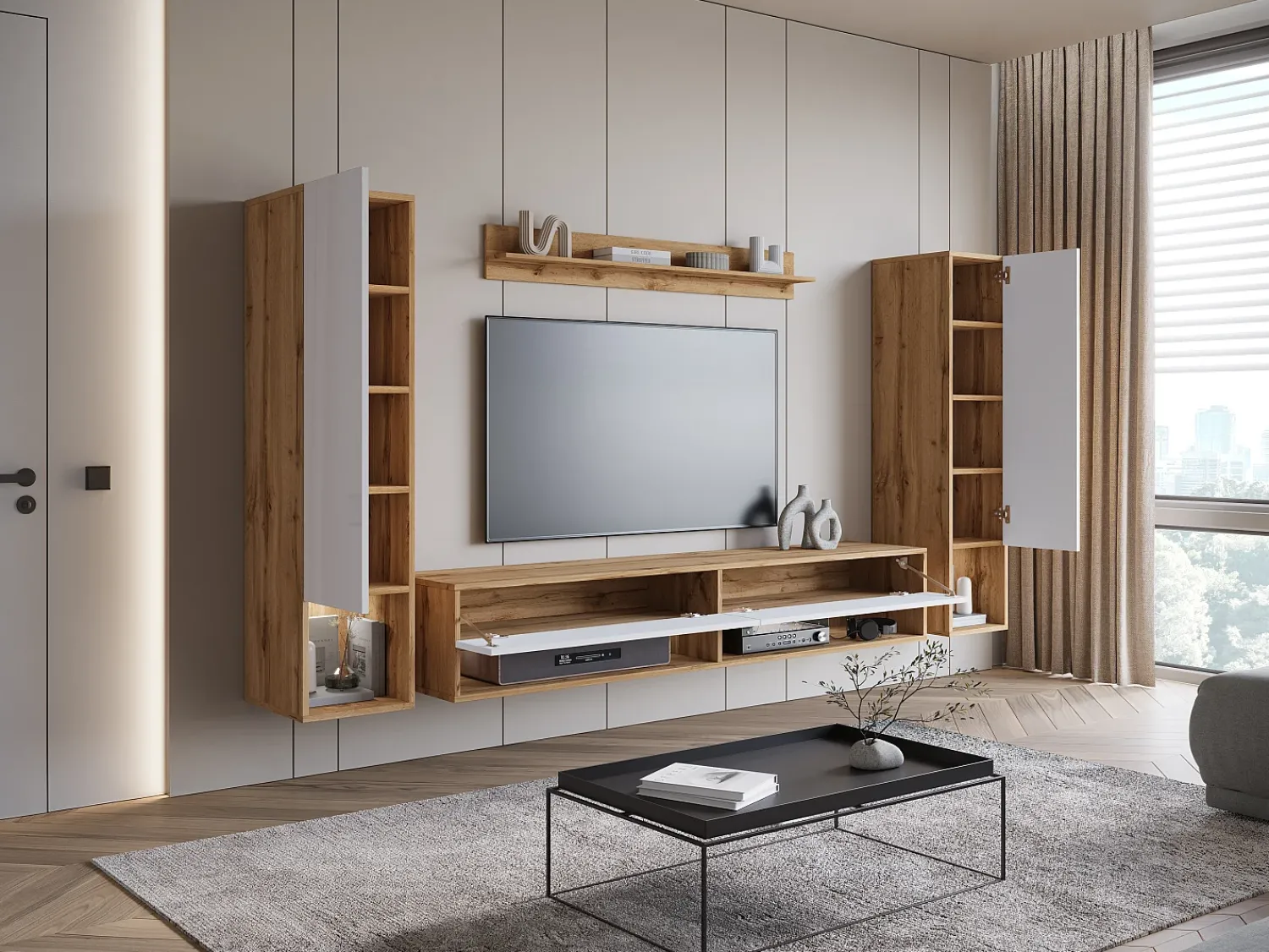 Móvel De Tv| Móvel de sala moderno com LED – conjunto suspenso para sala 2 colunas + móvel de TV 180 cm + prateleira, corpo carvalho wotan, frentes branco brilho Natural escuro