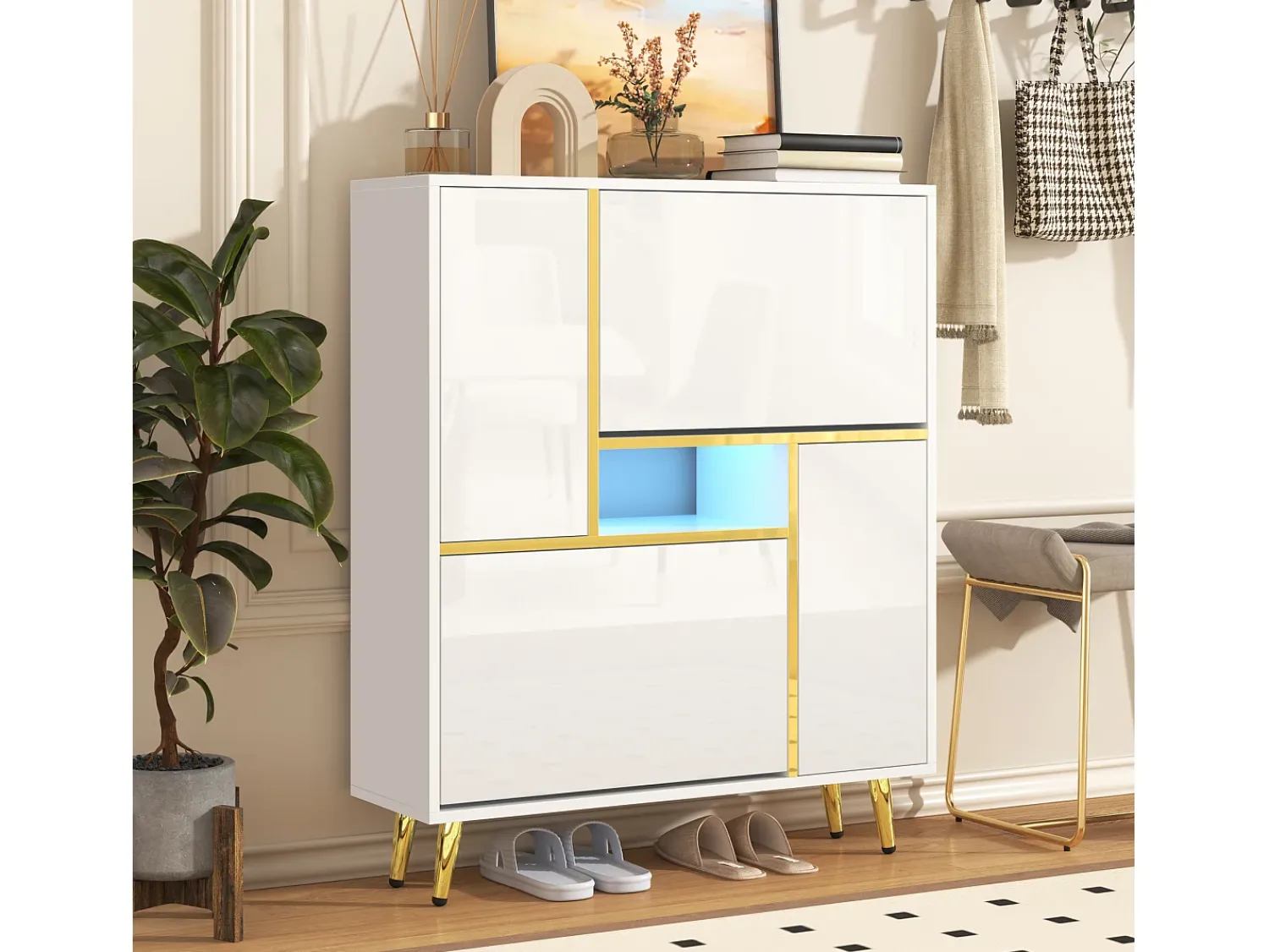 Móvel De Arrumação|Sapateira|ModernLuxe Móvel de sapateira moderno com LED - Brilhante - Elegante e Prático Branco