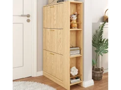 Outlet ModernLuxe Móvel de sapatos moderno 70x23,5x115 cm - con 3 portas - Prateleiras abertas - aspecto de madeira - MDF - Natural Natural claro
