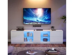 Móvel De Tv*Merax Móvel de TV - 160 x 40 x 52 cm - com LEDs + 1 porta + 2 gavetas - MDF + vidro temperado - Branco