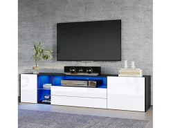 Online Merax Móvel de TV - 180 x 40 x 45 cm - com LEDs + 2 gavetas + 2 portas - para TV de 75 polegadas - Aglomerado + vidro temperado - Preto