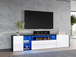 Online Merax Móvel de TV - 180 x 40 x 45 cm - com LEDs + 2 gavetas + 2 portas - para TV de 75 polegadas - Aglomerado + vidro temperado - Preto